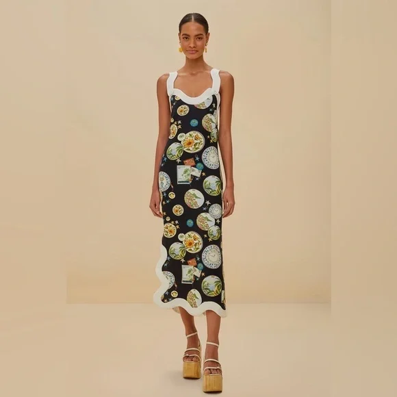 New! FARM RIO Souvenir Wave Midi Linen Dress 🧳☀️🌊 XS NWT! - Picture 6 of 16